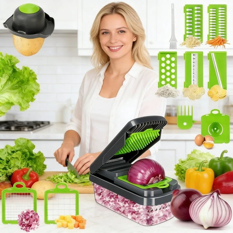 Vegetable Chopper, 16-in-1 Multifunctional Food Chopper, Professional Onion Chopper, Vegetable Cutter with Container